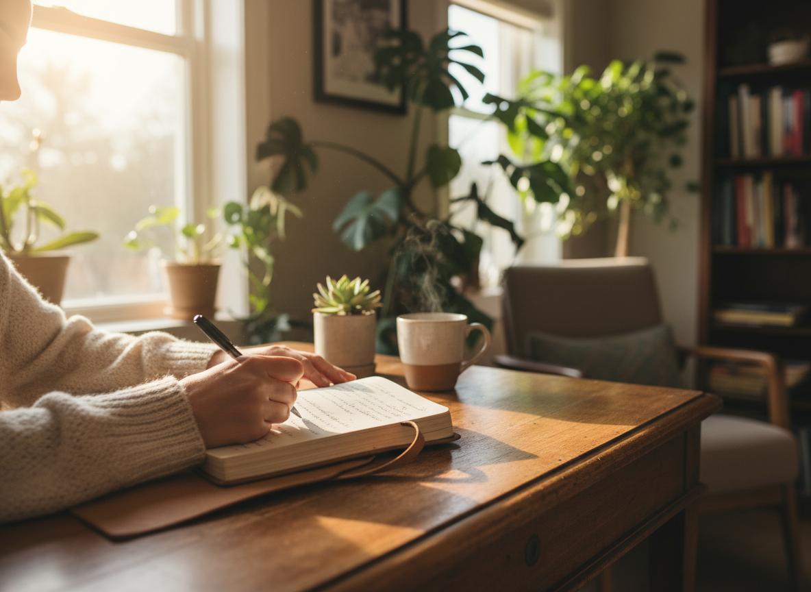 Person journaling at desk for self-reflection